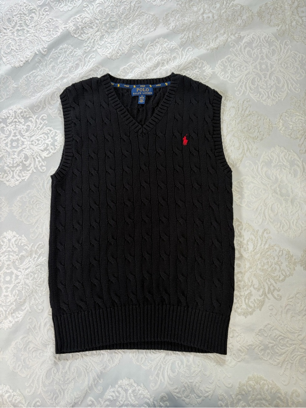Polo Ralph Lauren Boys Cable Knit Sweater Vest Black With Red Pony Medium 10/12 - Picture 5 of 6